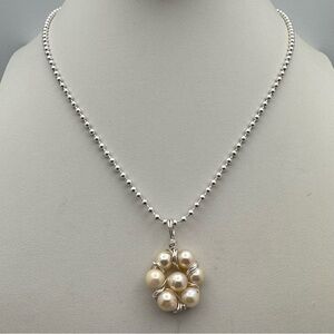 Luxury Akoya Pearl Cluster Pendant Necklace in Silver Plated Chain 16”